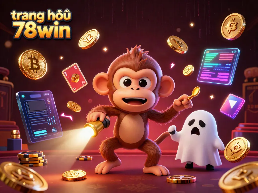Engaging scene showcasing trang chủ 78win with a playful ghost-hunter puppy and a mischievous monkey in an animated casino environment.