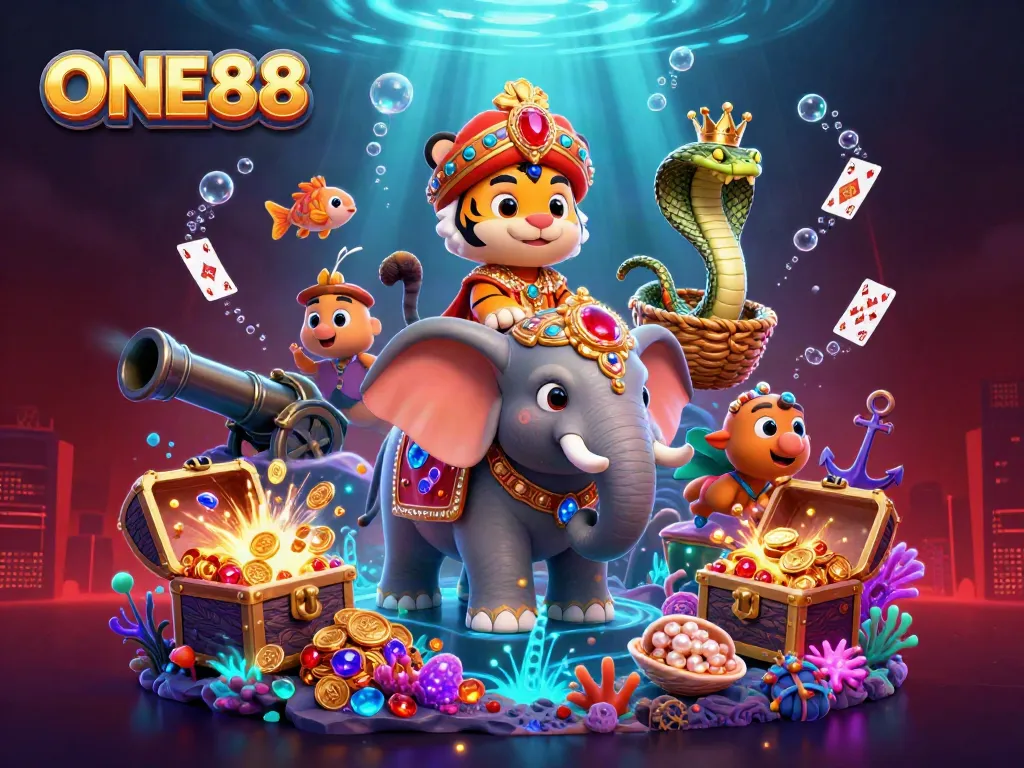 Engage in exhilarating gaming adventures with ONE88's vibrant casino scene featuring a dazzling 3D maharaja.