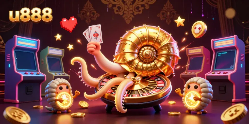 Engage with u888's thrilling casino experience through this vibrant 3D illustration
