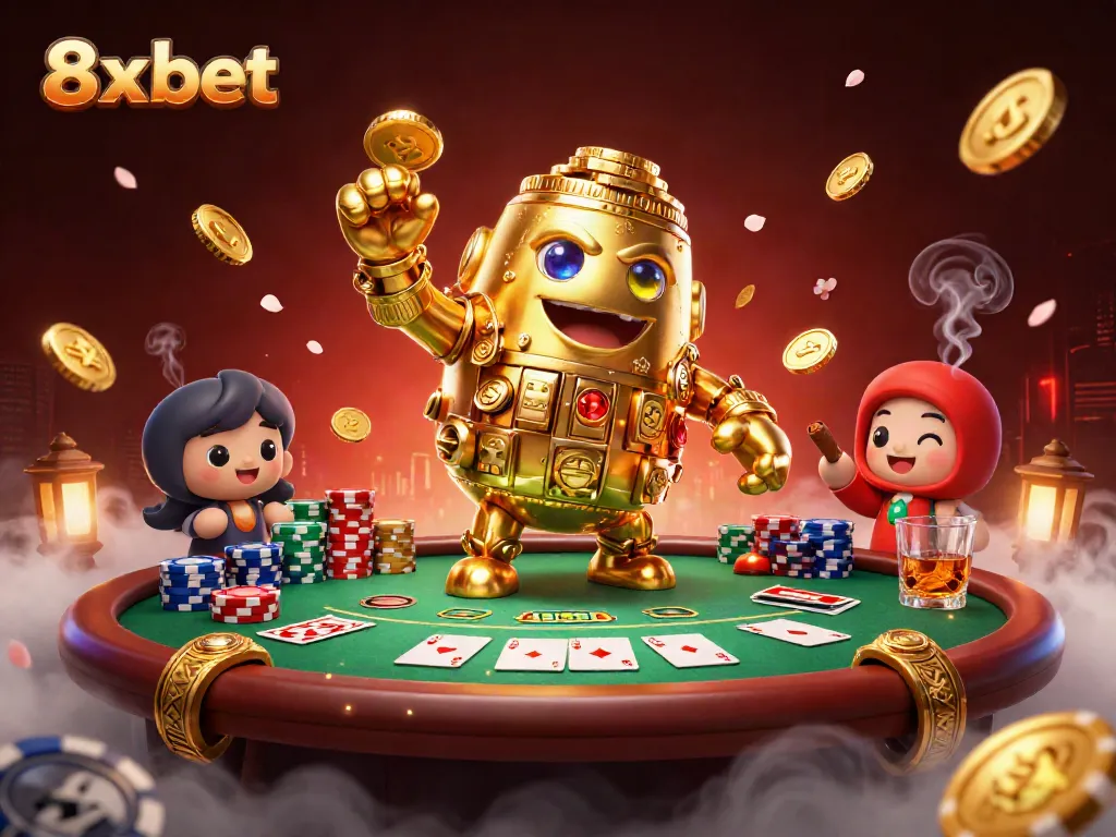 Engage with the vibrant 8xbet casino scene, showcasing a golden golem and poker elements.