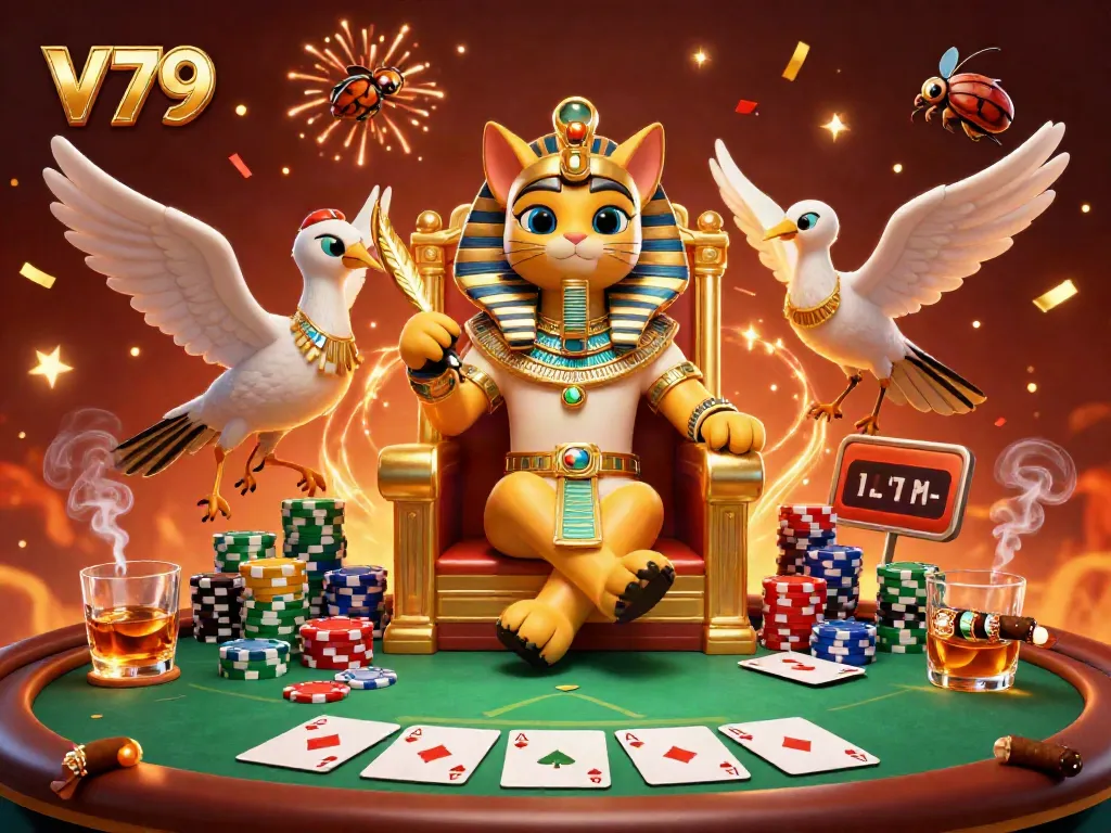 Experience thrilling poker action with V79's vibrant pharaoh cat casino scene and poker table elements.