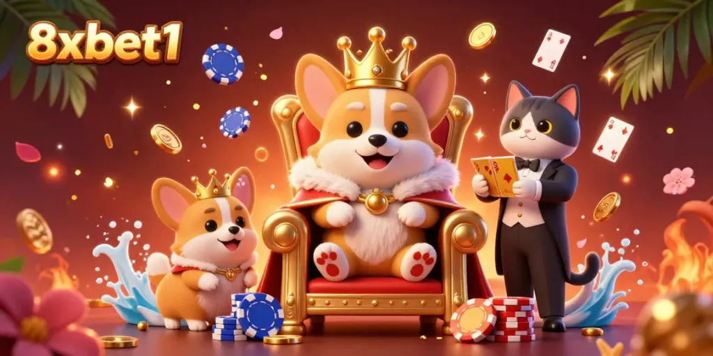 Experience the vibrant gambling world of 8xbet1 with royal corgis and casino elements in this dynamic illustration.