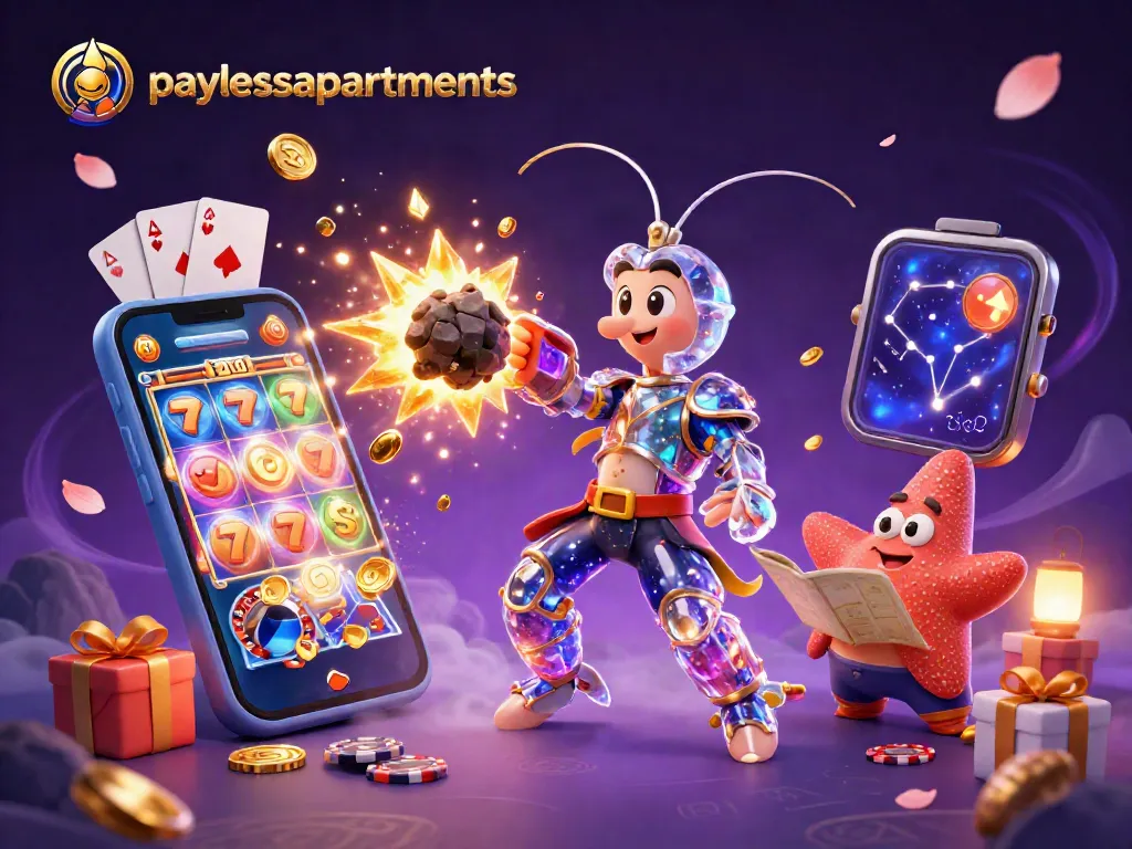 Engage with paylessapartments through vibrant 3D casino elements, showcasing spinning slots and golden prizes.