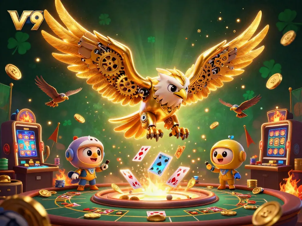 Experience the thrill of V79 casino with vibrant gaming elements and a majestic cybernetic eagle in action.