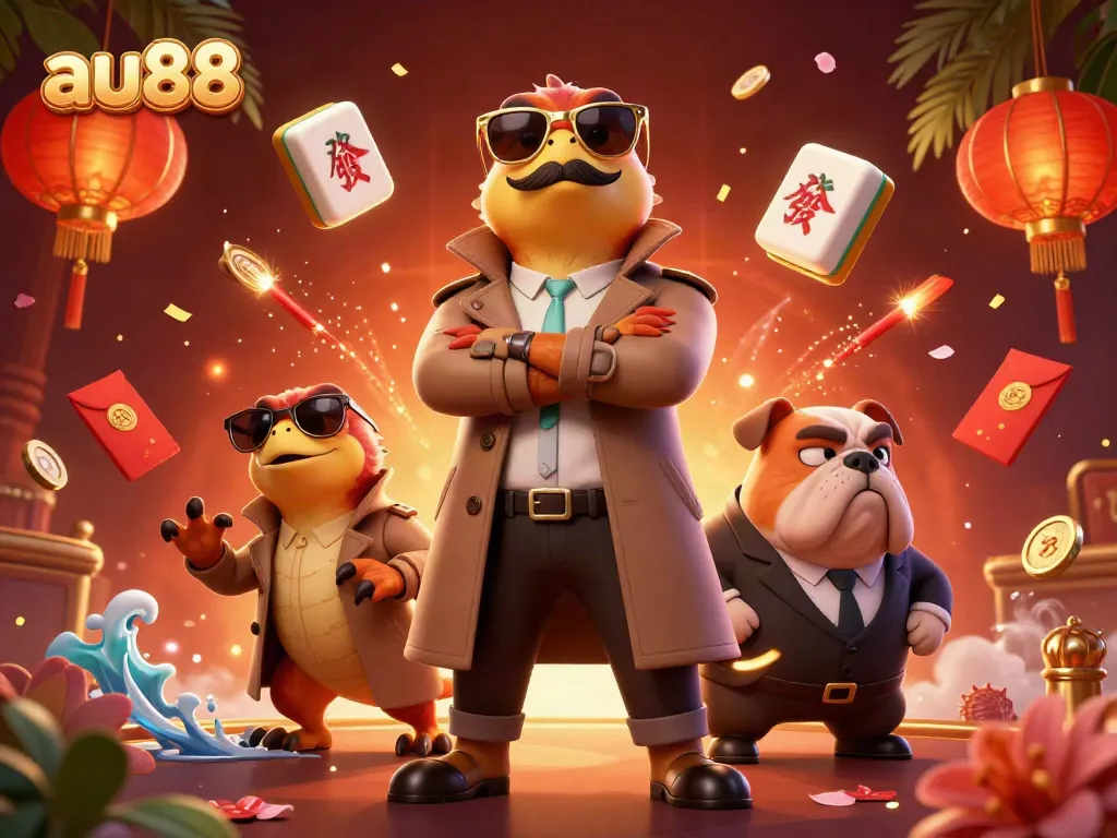 Experience the fun at au88 as three cartoon raptors cleverly disguise themselves to enter a VIP casino lounge.