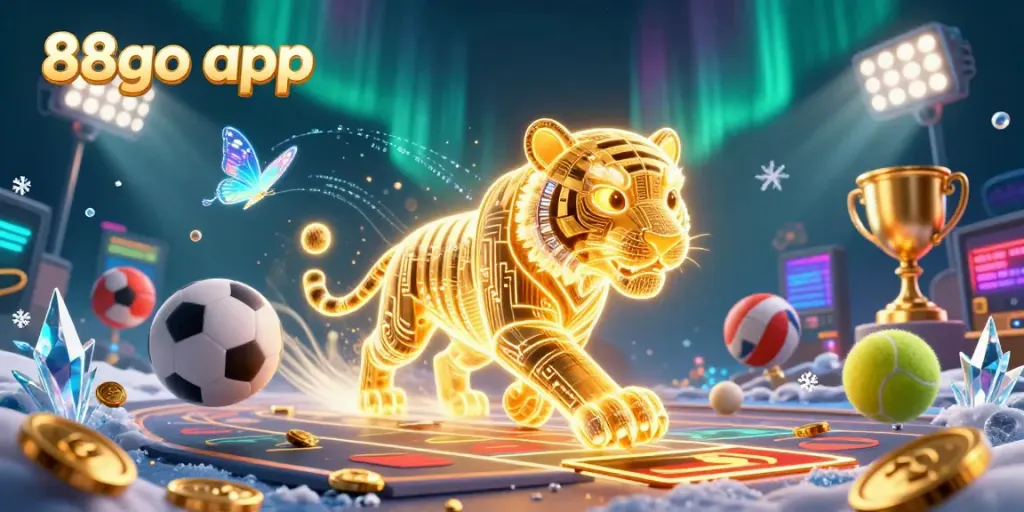 Experience the thrill of the 88go app with a neon tiger and vibrant sports elements in a digital casino.