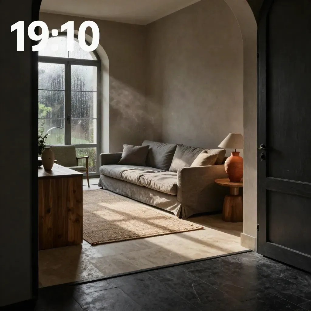 Salotto italiano elegante con divano greige, lampada terracotta e luce del dopotemporale.