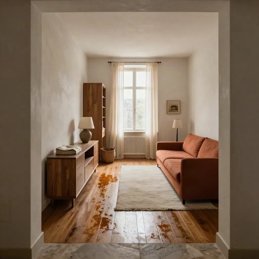 Bilocale luminoso con divano terracotta, rovere e luce calda alla finestra