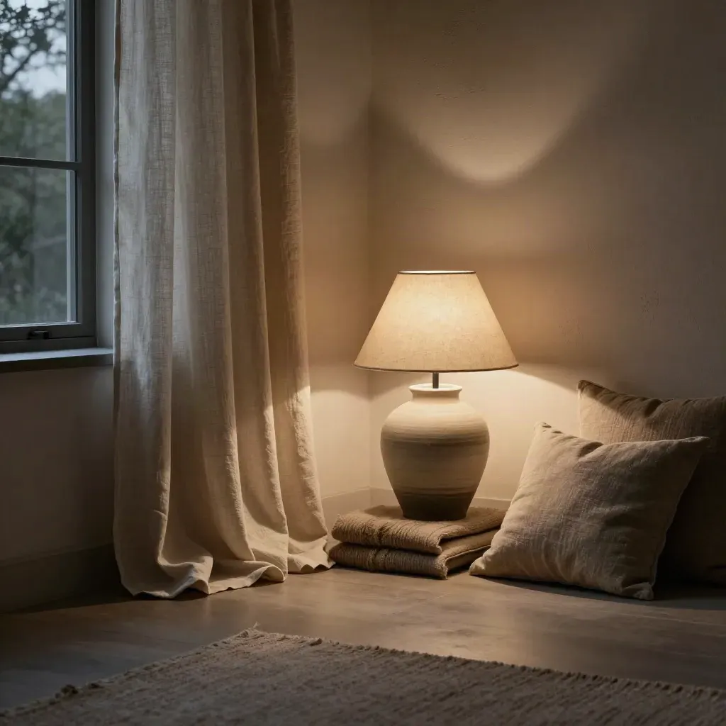 Angolo notte con tenda in lino, lampada in ceramica, plaid e cuscini materici caldi.