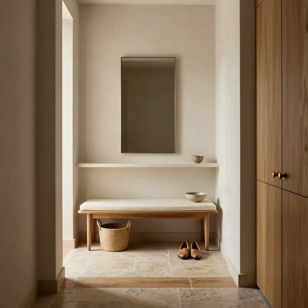 Ingresso stretto con panca sottile, specchio alto e contenimento integrato in luce calda.