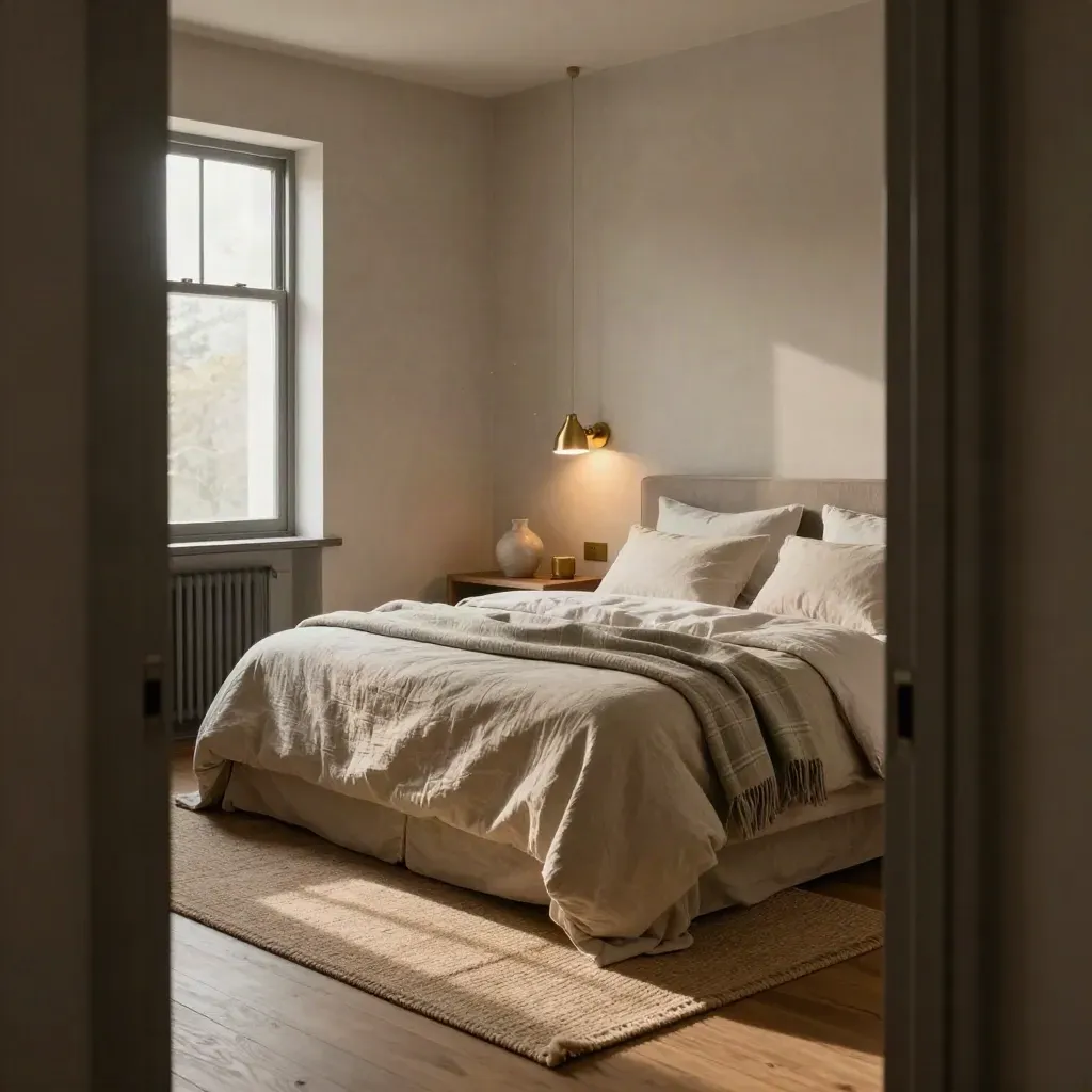 Camera in affitto accogliente con letto in lino, lampade ottone e plaid morbido alla luce serale.
