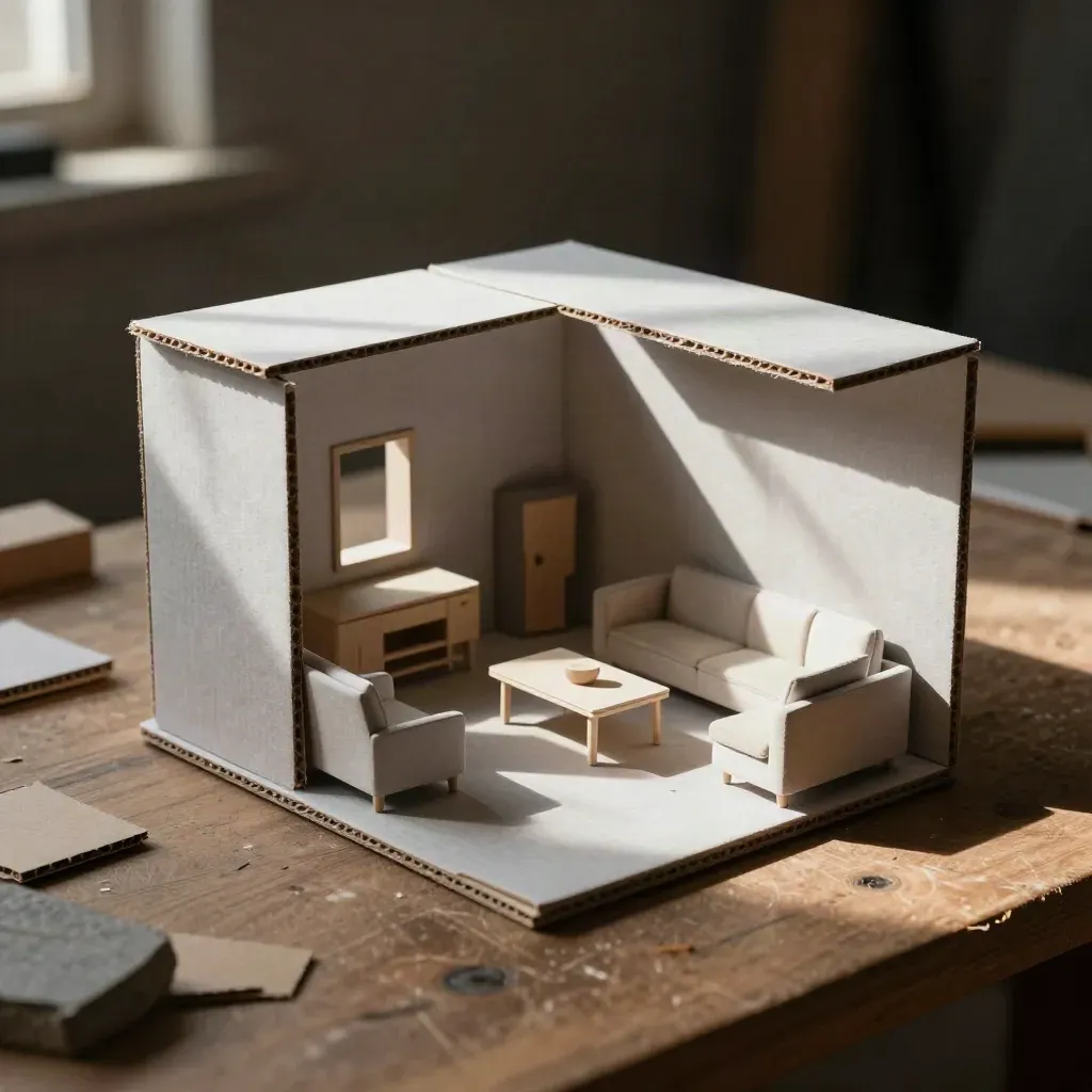Modello di stanza in cartone con arredi in miniatura e ombre drammatiche dall’alto