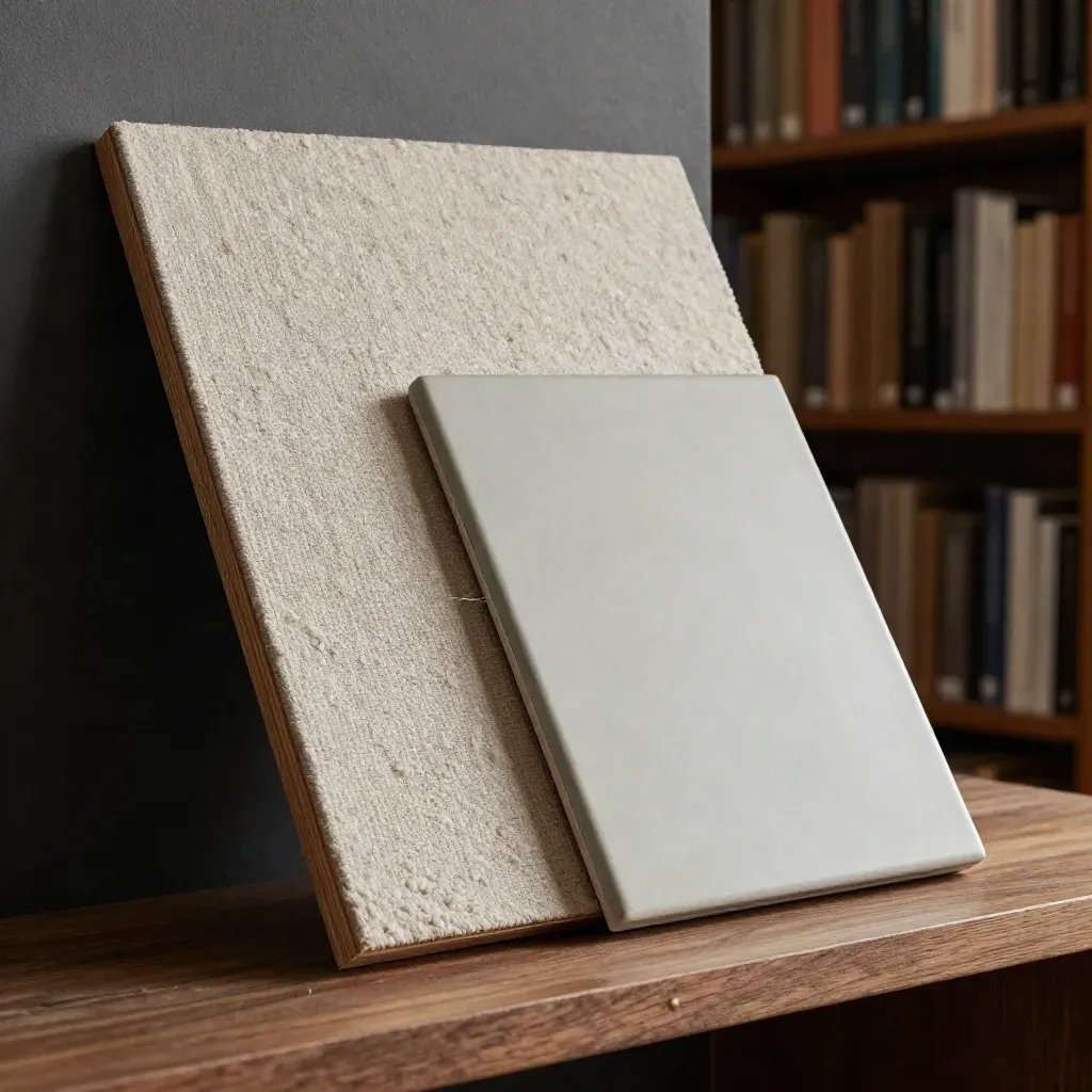 Campione materico di lino, bouclé, rovere e ceramica opaca con accento salvia.