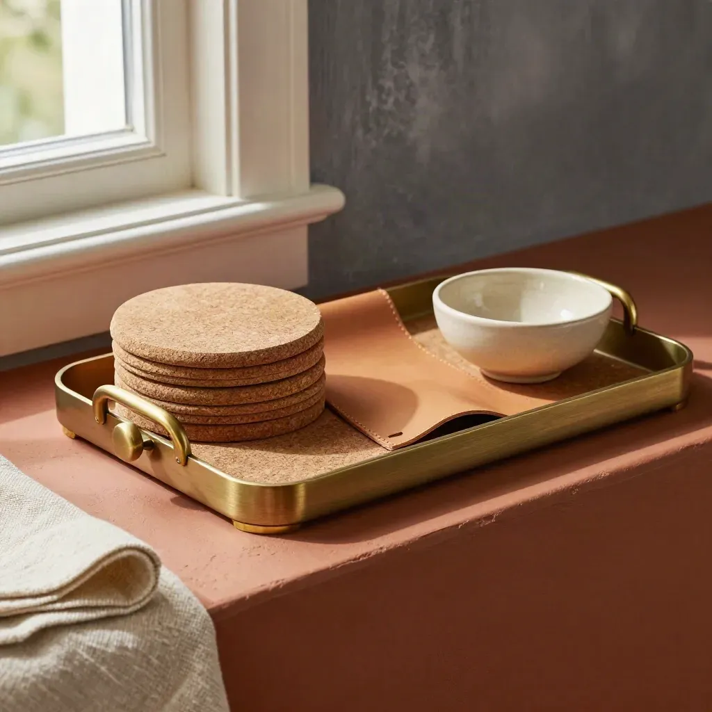 Vassoio con pomelli in ottone, dischi di sughero, pelle e ciotola ceramica su fondo terracotta