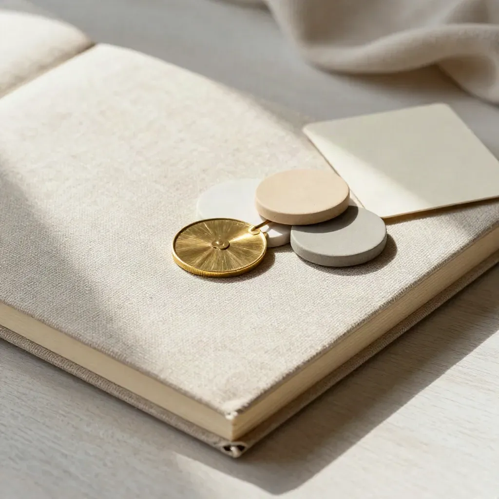 Taccuino in lino, gettone in ottone e campioni ceramici su legno chiaro.