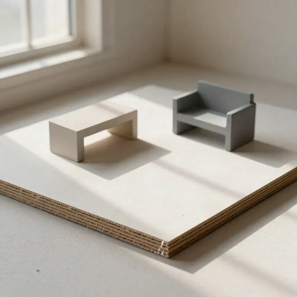 Mockup di stanza in foam-core con blocchi d’arredo neutri e angolo guida in cartone.