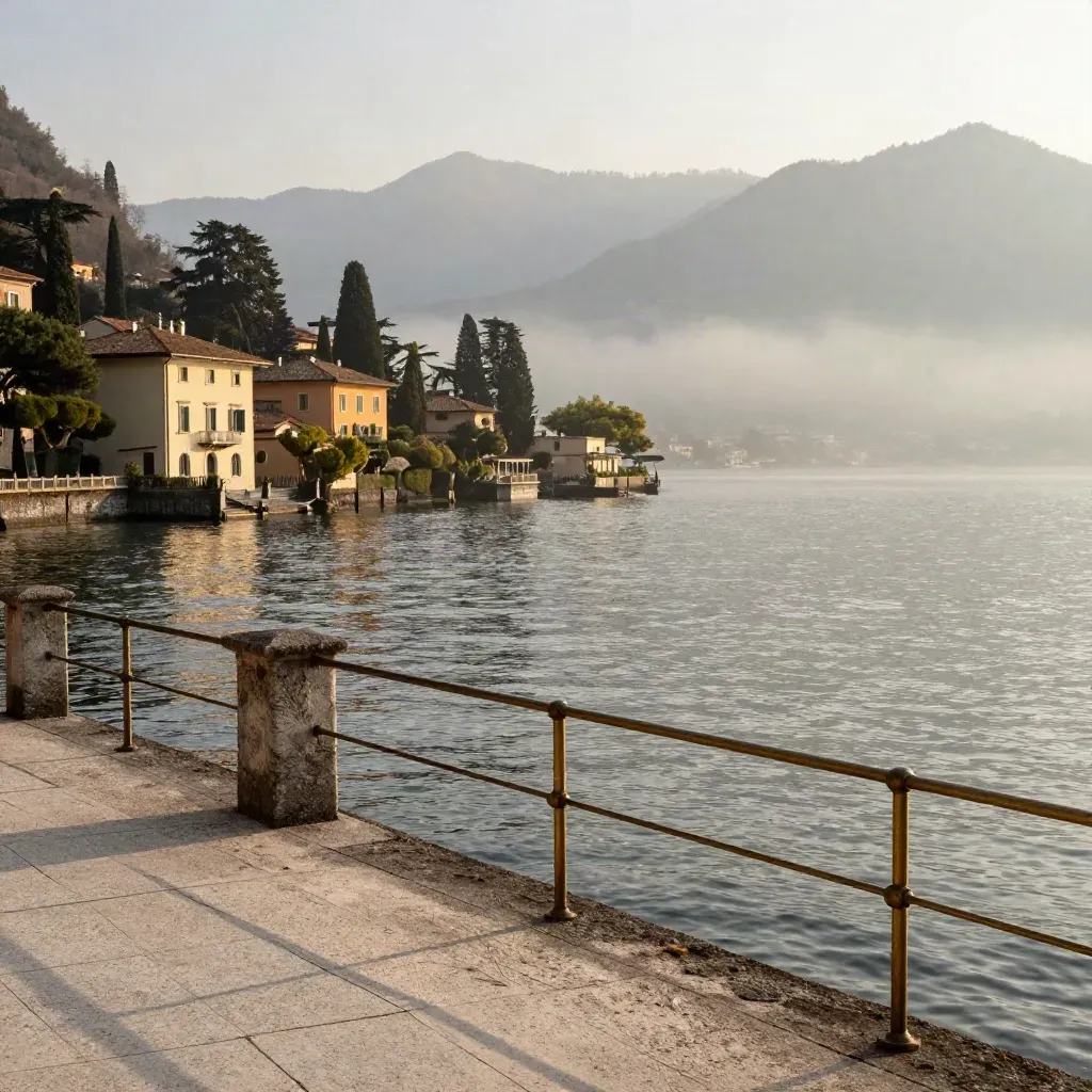 Vista del Lago di Como all’alba, ville in alto, nebbia sull’acqua e luce dorata.
