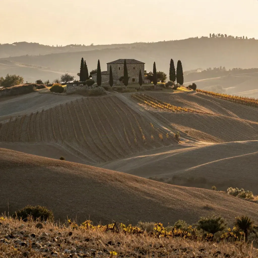 Colline delle Langhe al tramonto con cascina in pietra e cipressi nella foschia