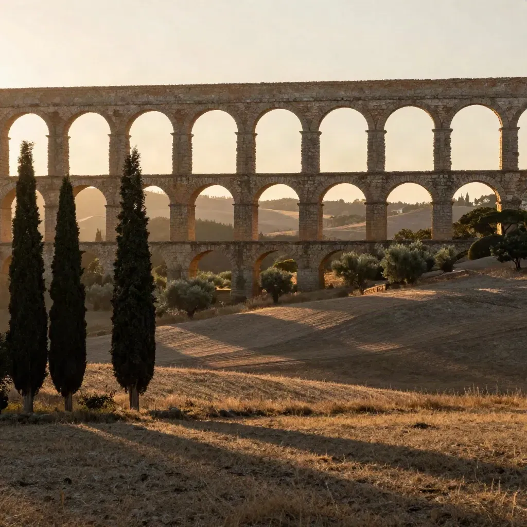 Acquedotto romano al tramonto sopra cipressi e pianura asciutta, con foschia dorata.