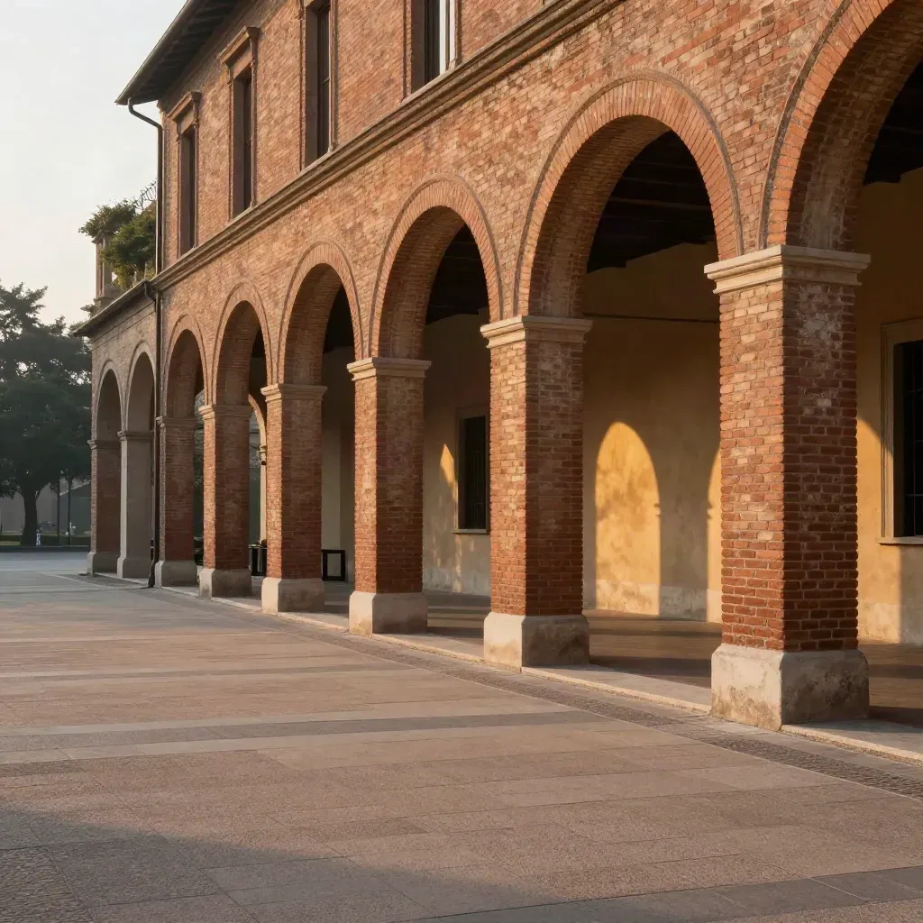 Portici emiliani in mattone con piazza calma, luce dorata e alberi sfumati sul fondo.