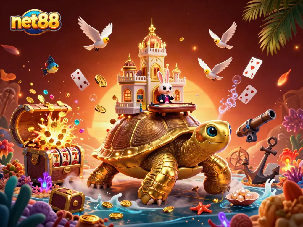 Bet on net88 with a mesmerizing gaming scene featuring a lively casino on a golden tortoise.