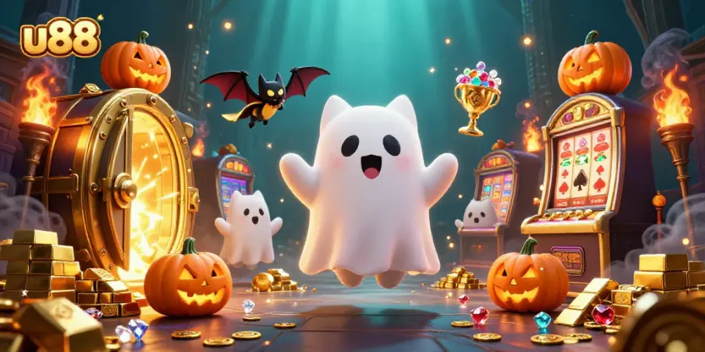 Win big at u88 with the ghost cat and treasure in a vibrant casino scene.