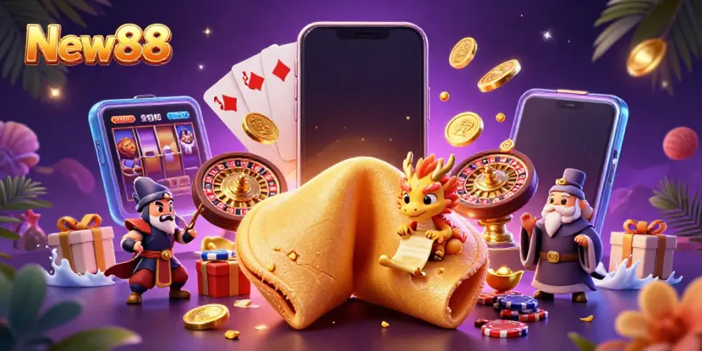 Engage with New88's exciting gameplay featuring a golden fortune cookie and dynamic casino elements.
