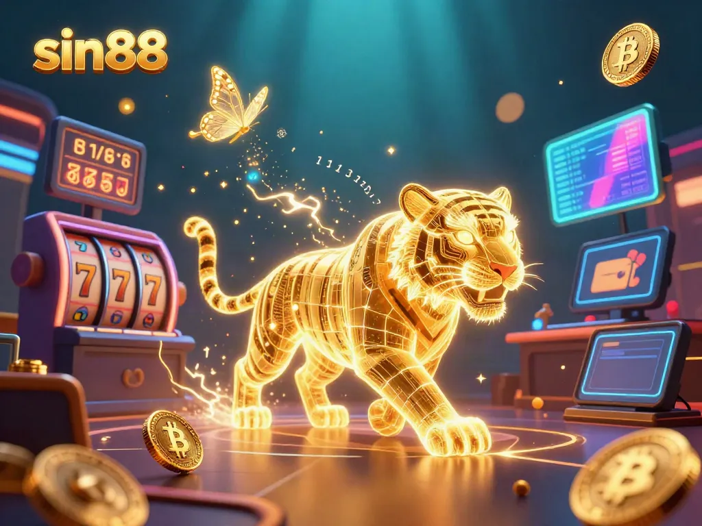 Join the thrilling action at sin88, where a neon-wireframe golden tiger prowls a vibrant casino.