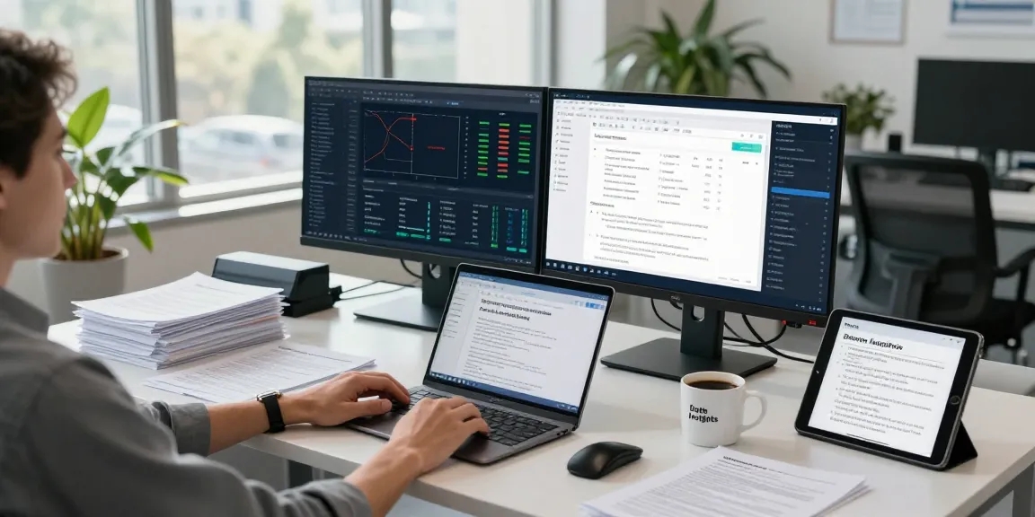 Analyst engaged in document fraud detection, utilizing software to verify data in a modern office environment.