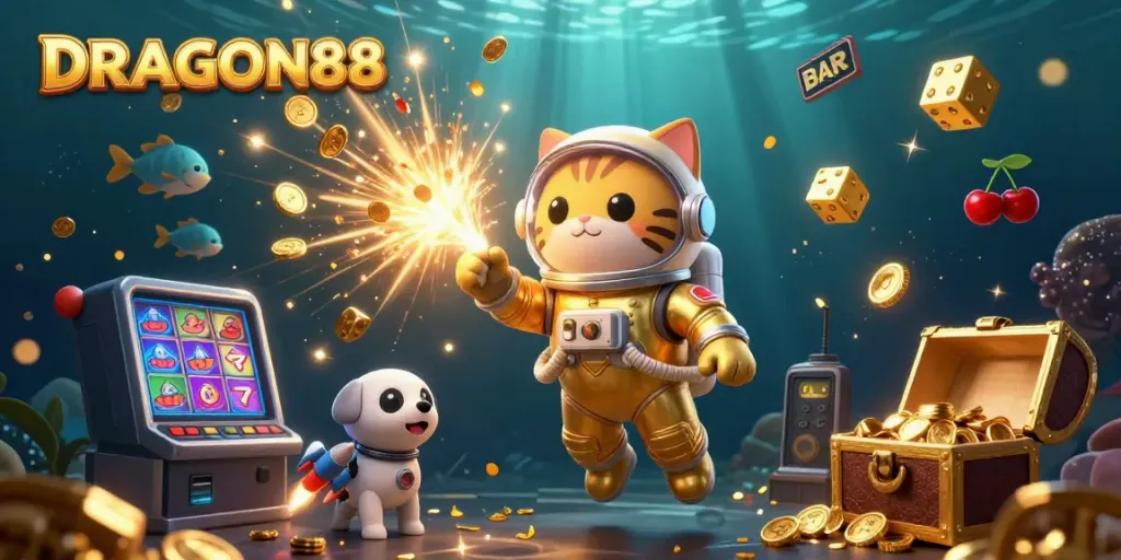 Spin to win with the thrilling 3D adventure of DRAGON88 in a vibrant casino-themed scene.