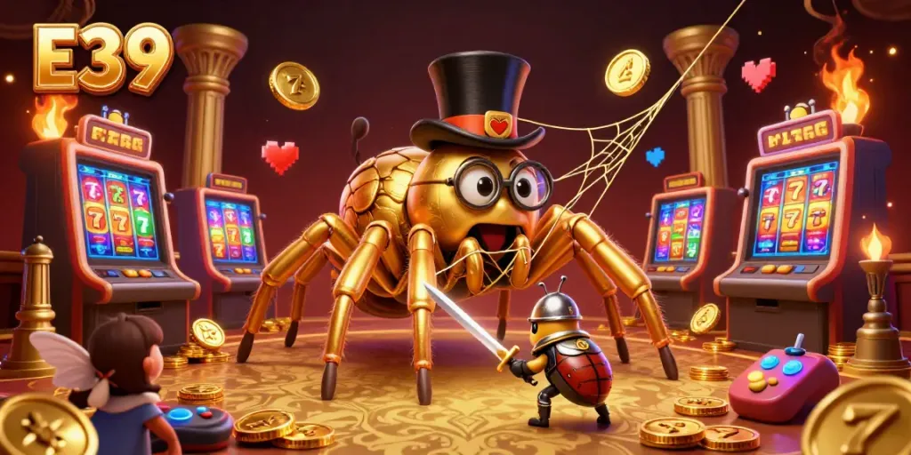 E39 showcases a vibrant casino scene with a golden tarantula and beetle knight among slots and game elements.