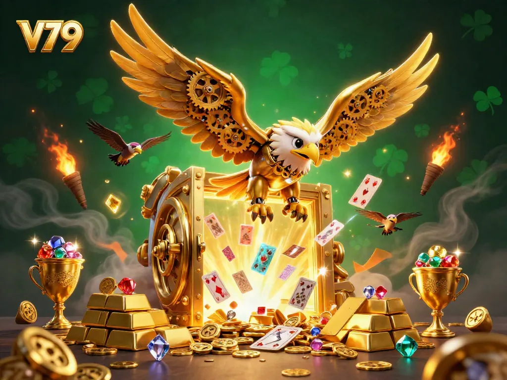 V79 showcases a vibrant casino scene with a cybernetic eagle amidst glowing treasures and cards.