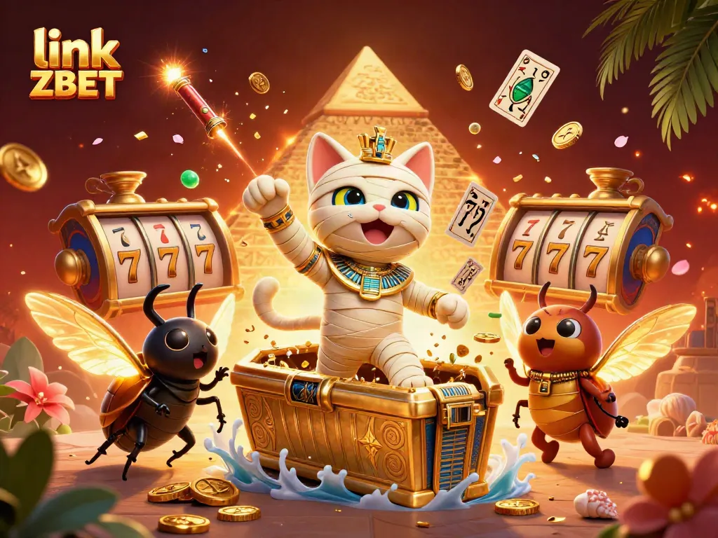Experience the excitement at link ZBET with vibrant visuals of a thrilling casino environment featuring Egyptian mummy cat.