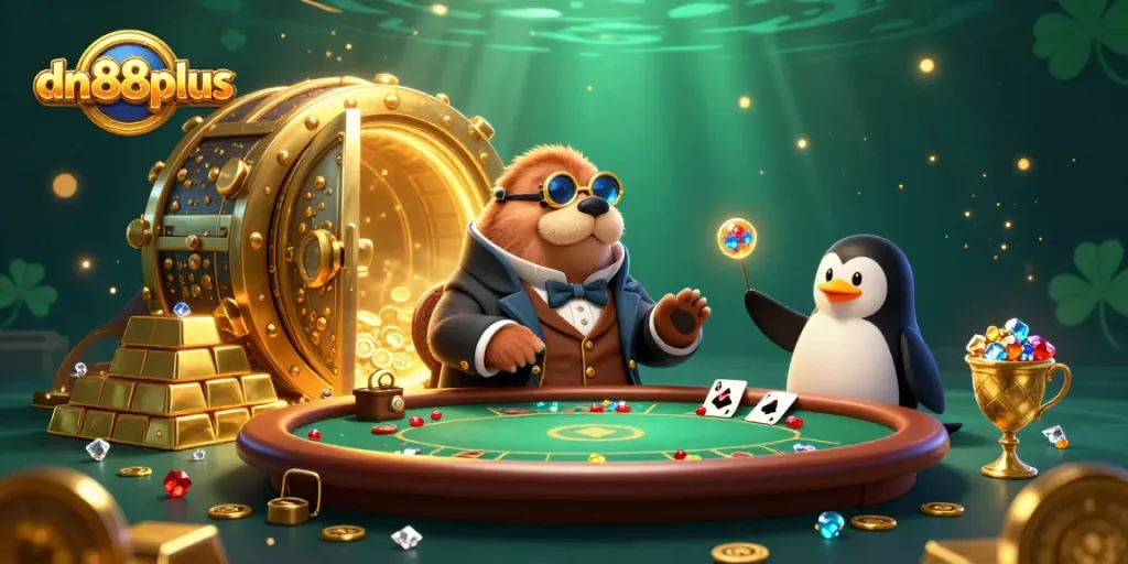 Experience exhilarating poker action with dn88plus featuring a walrus in a Victorian outfit and vibrant casino elements.