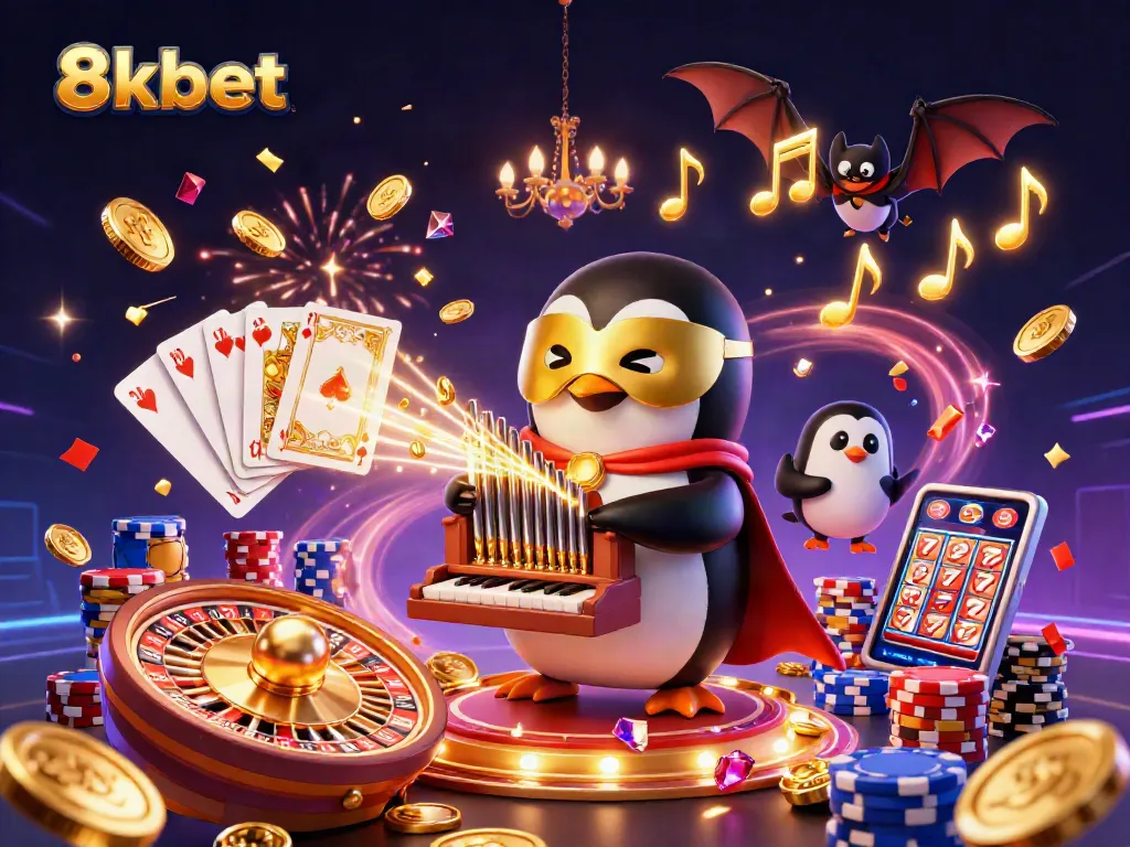 Engaging illustration of 8xbet's exciting gaming world with dynamic characters, gold coins, and casino elements.