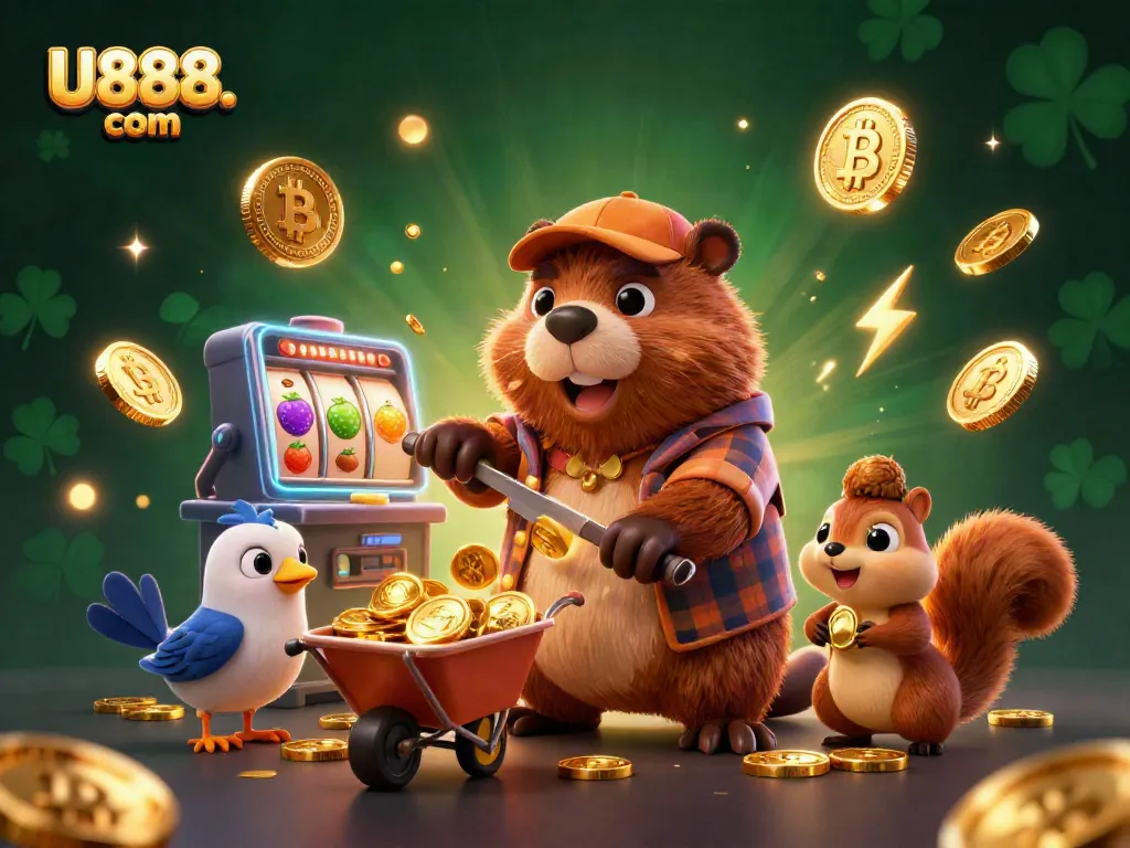 Experience U888. com with a vibrant scene of a beaver chopping a slot machine raining gold coins in a casino.