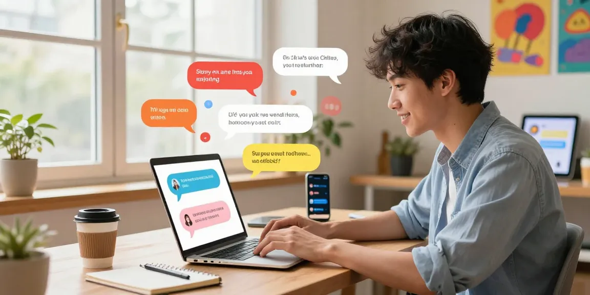Spicy chat ai engaging digital conversation scene with animated chat bubbles and a warm workspace atmosphere.
