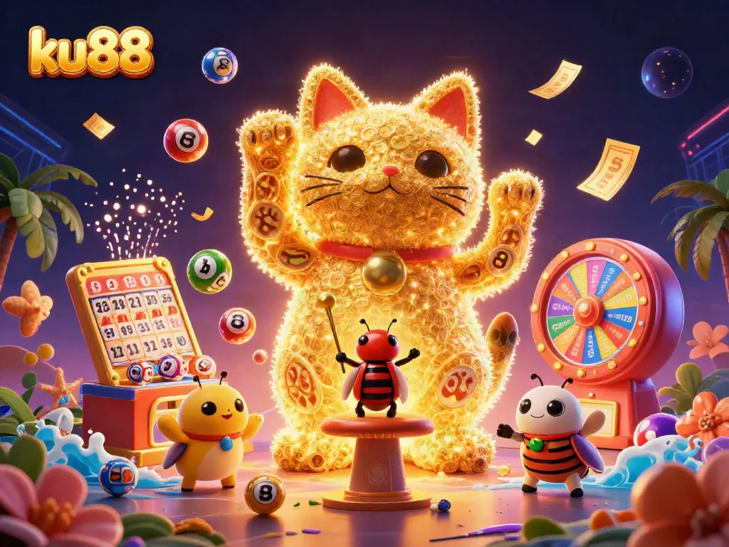 Experience the excitement of ku88 with a vibrant illustration of casino symbols and a lucky cat.