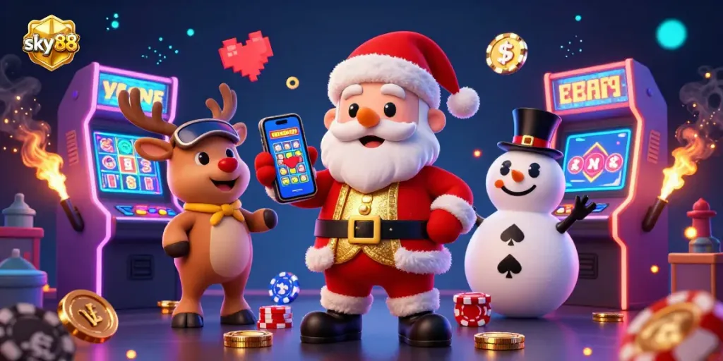 Experience the thrill of sky88 casino games with Santa, his reindeer, and a snowman amid gold coins and jackpot slots.