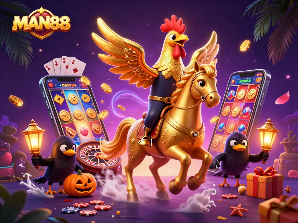 Experience the excitement of gambling with MAN88’s vibrant casino scene featuring thrilling games and characters.