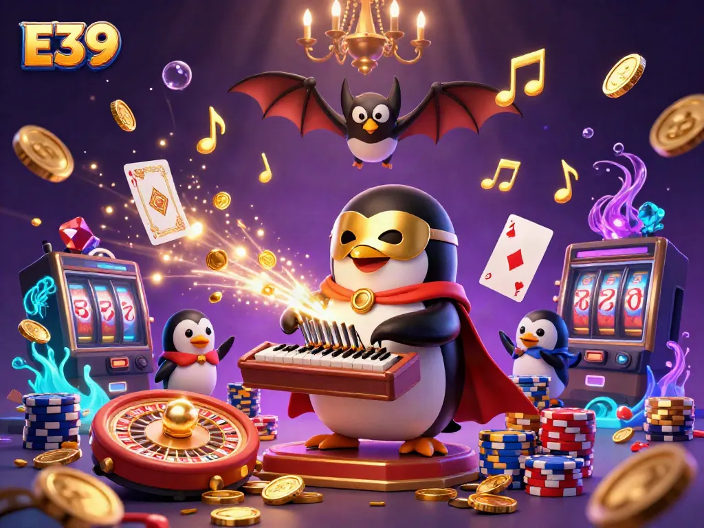 E39 engages players with thrilling casino action featuring animated characters, gold coins, and dynamic game elements.