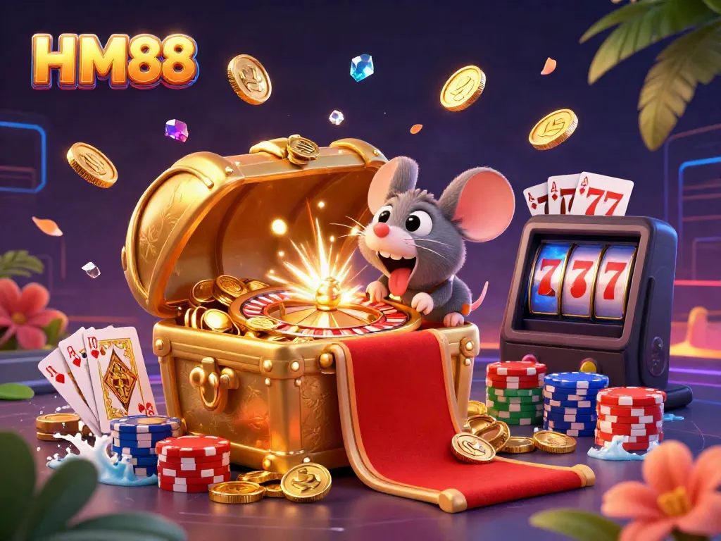 Engage with the immersive world of HM88 featuring a golden treasure chest, cascading coins, and vibrant casino elements.