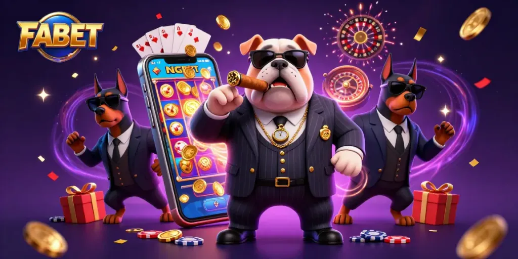 Experience the thrill of FABET with this vibrant casino illustration showcasing playful characters and gaming excitement.