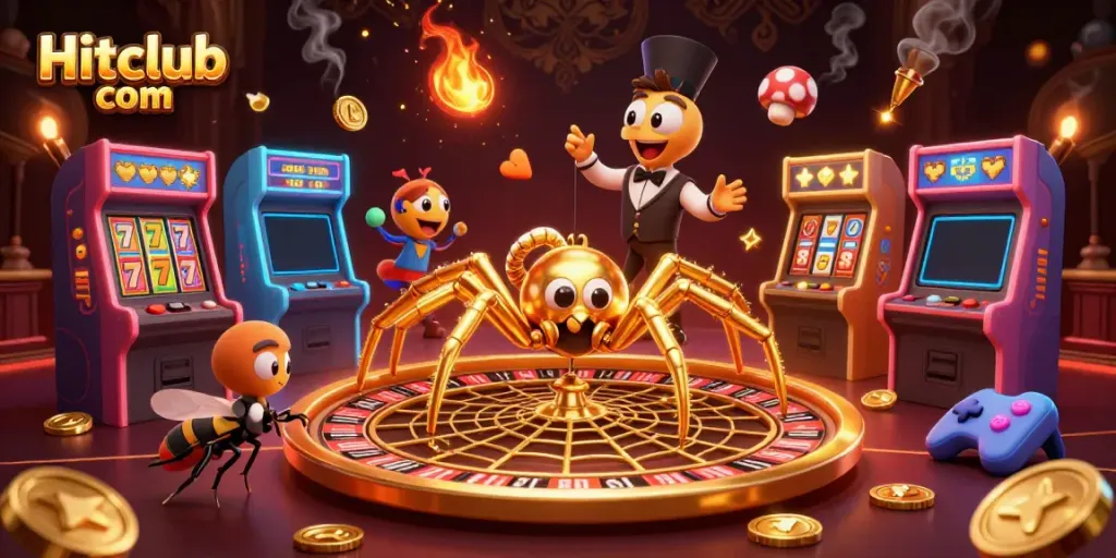 Engage with thrilling games on Hitclub com featuring a golden roulette spider and a centipede croupier.