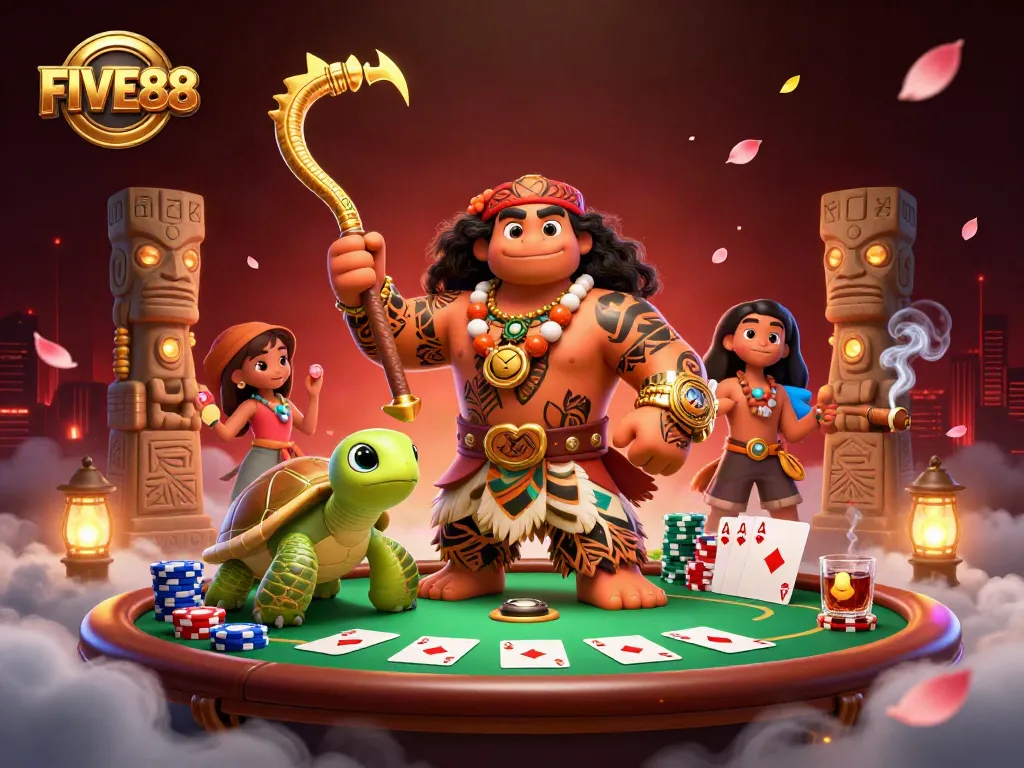 Engage in exciting gaming at FIVE88 with vibrant poker elements and dynamic characters.