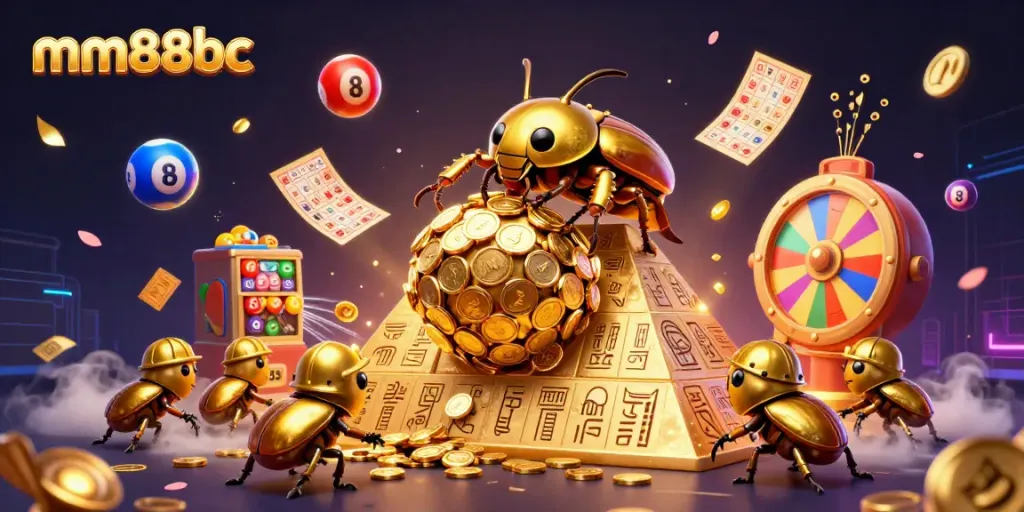 Engage with the vibrant mm88bc casino world featuring a golden beetle rolling coins amidst lottery fun.
