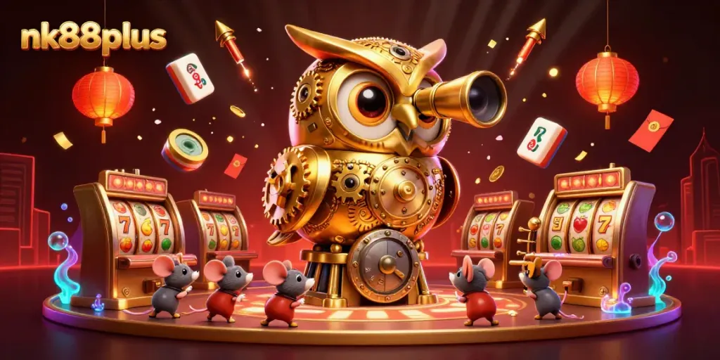 Engage with nk88plus and spin the reels on vibrant slot machines in a lively casino scene.