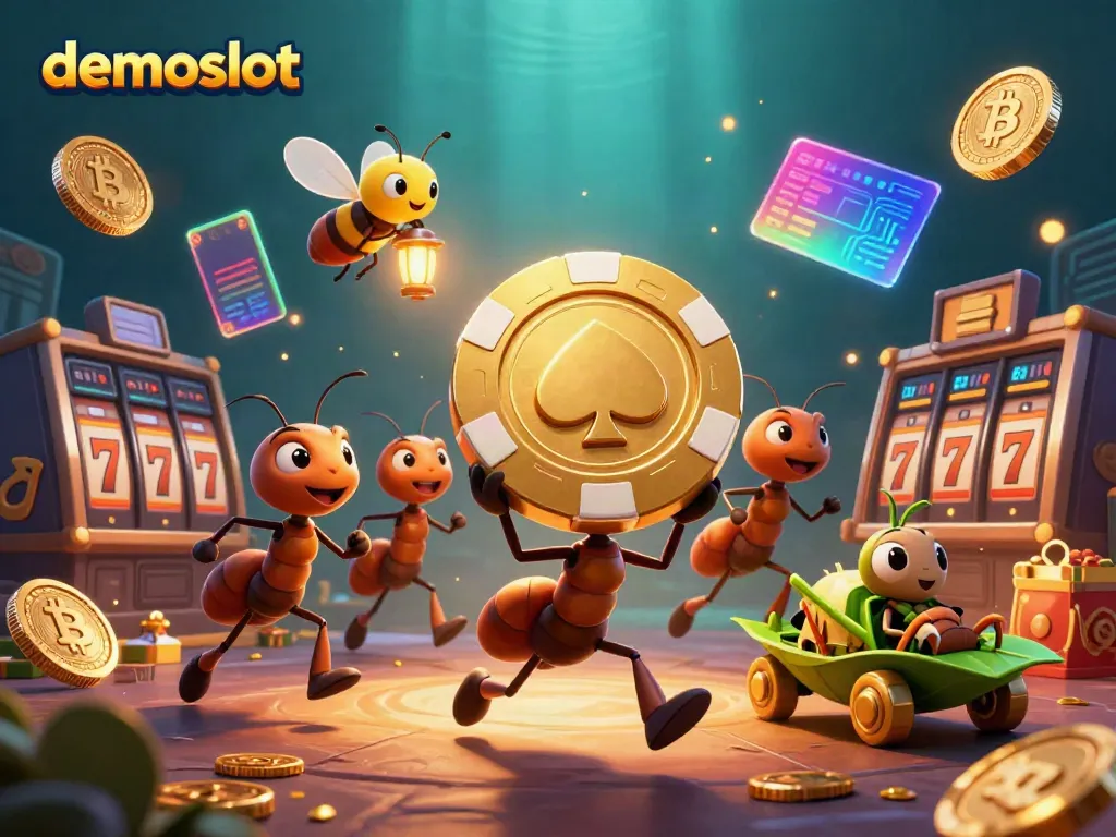 Experience the excitement of demoslot with animated ants and vibrating slot machines in a thrilling heist scene.