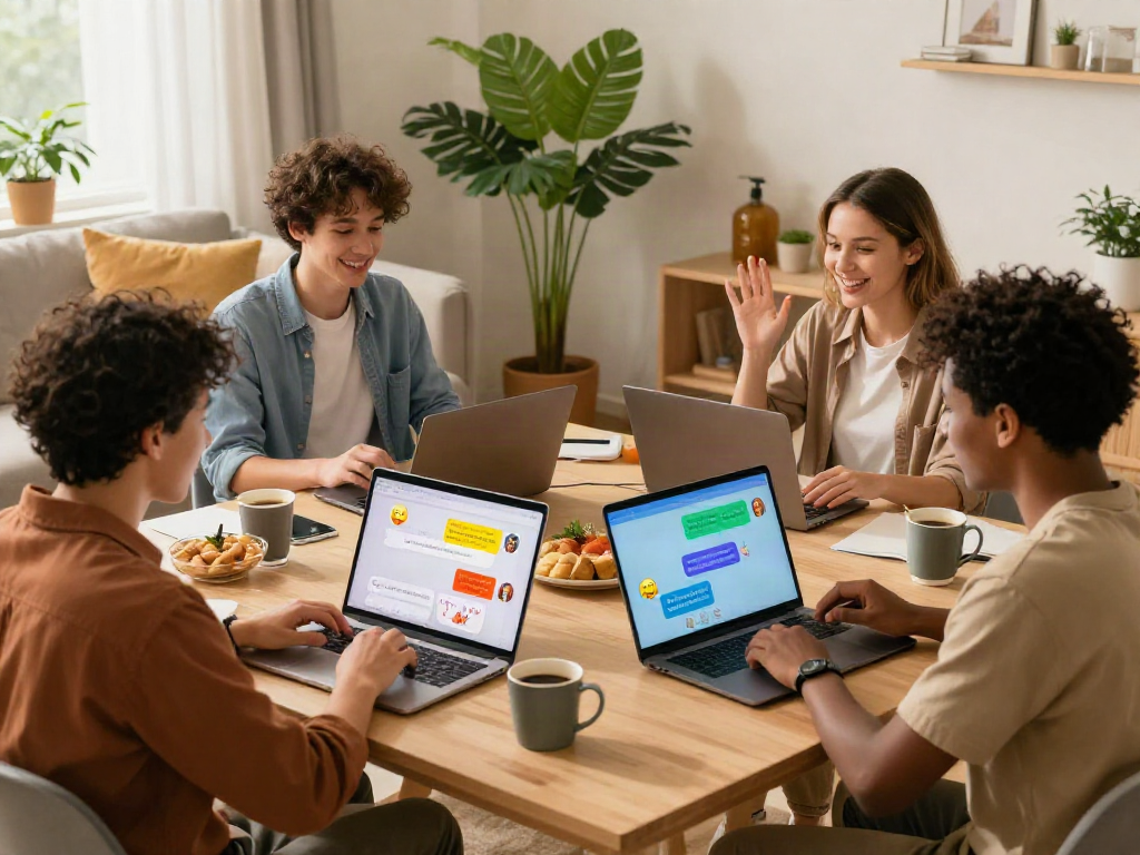 Exciting interaction with spicy chat AI in a lively home office setting, featuring users enjoying their digital conversations.