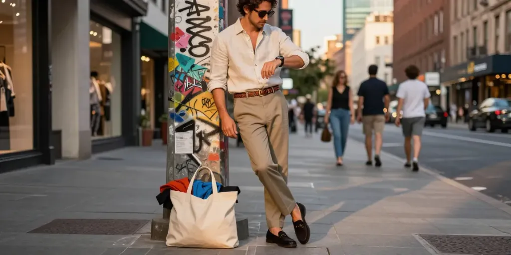 Stylish summer outfit at a men's clothing online boutique in a vibrant urban setting.